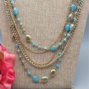 Premier Designs Gold Tone Multi Chain & Blue AB Wash Beaded Convertible Necklace